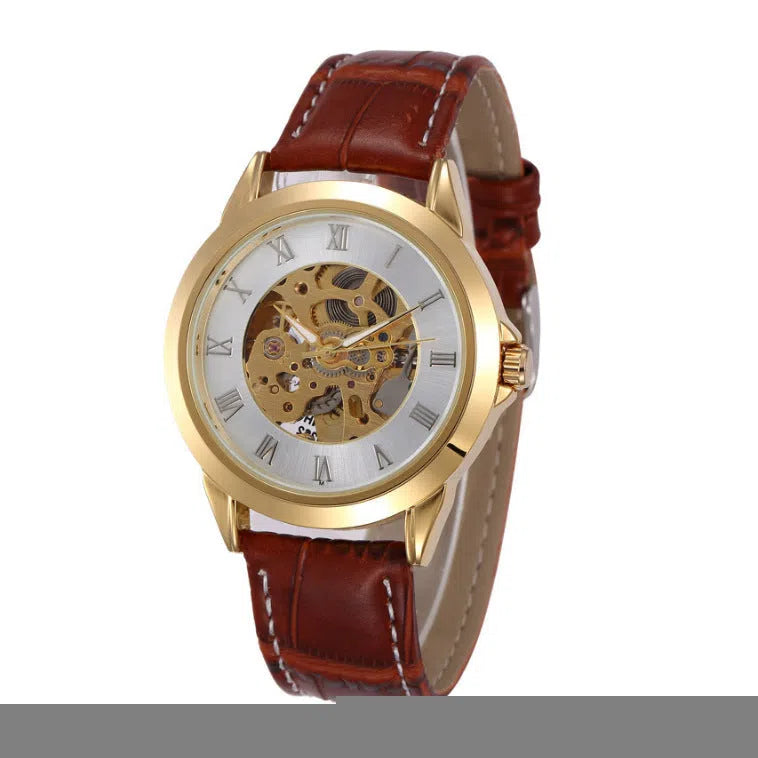 Men's automatic mechanical watch with hollowed-out round dial, 42mm alloy case, genuine leather strap, and transparent case back