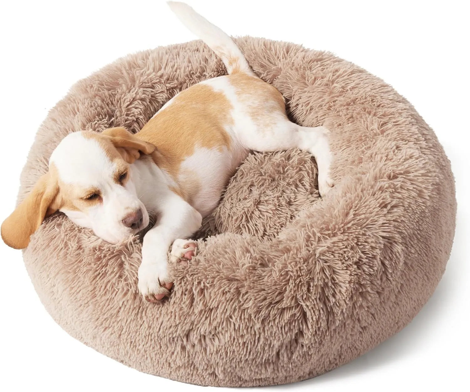 Indoor non-slip round fluffy plush pet bed for dogs in khaki, 60cm size, on a wooden floor
