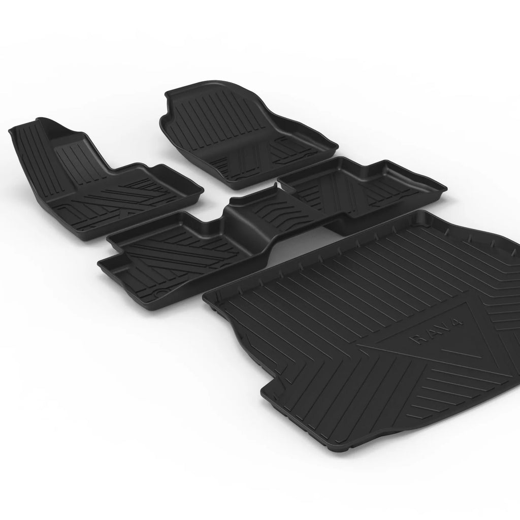 Black carbon fibre pattern TPE rubber boot liner mat for a car trunk.