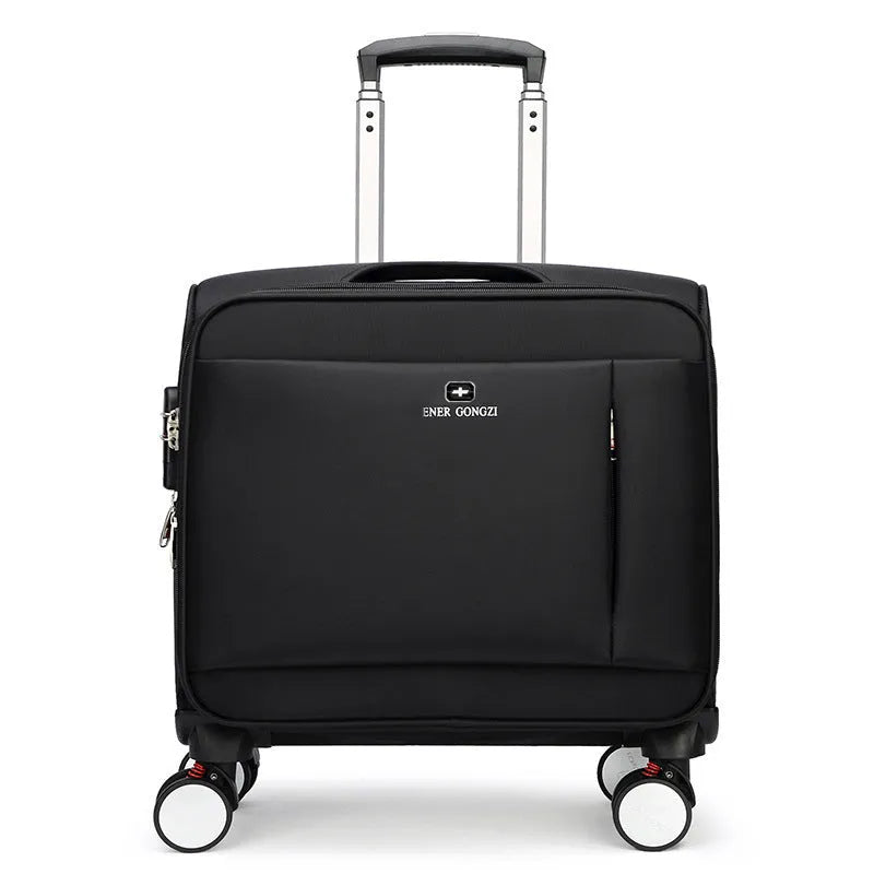 Black 18 inch Oxford cloth carry-on suitcase with retractable handle and universal wheels