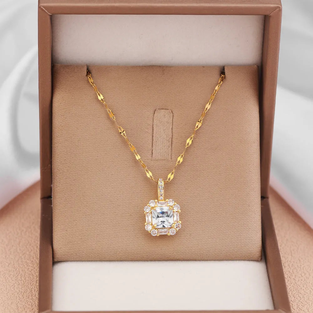 Women's geometric titanium steel clavicle chain with mixed gemstone inlay and gold finish