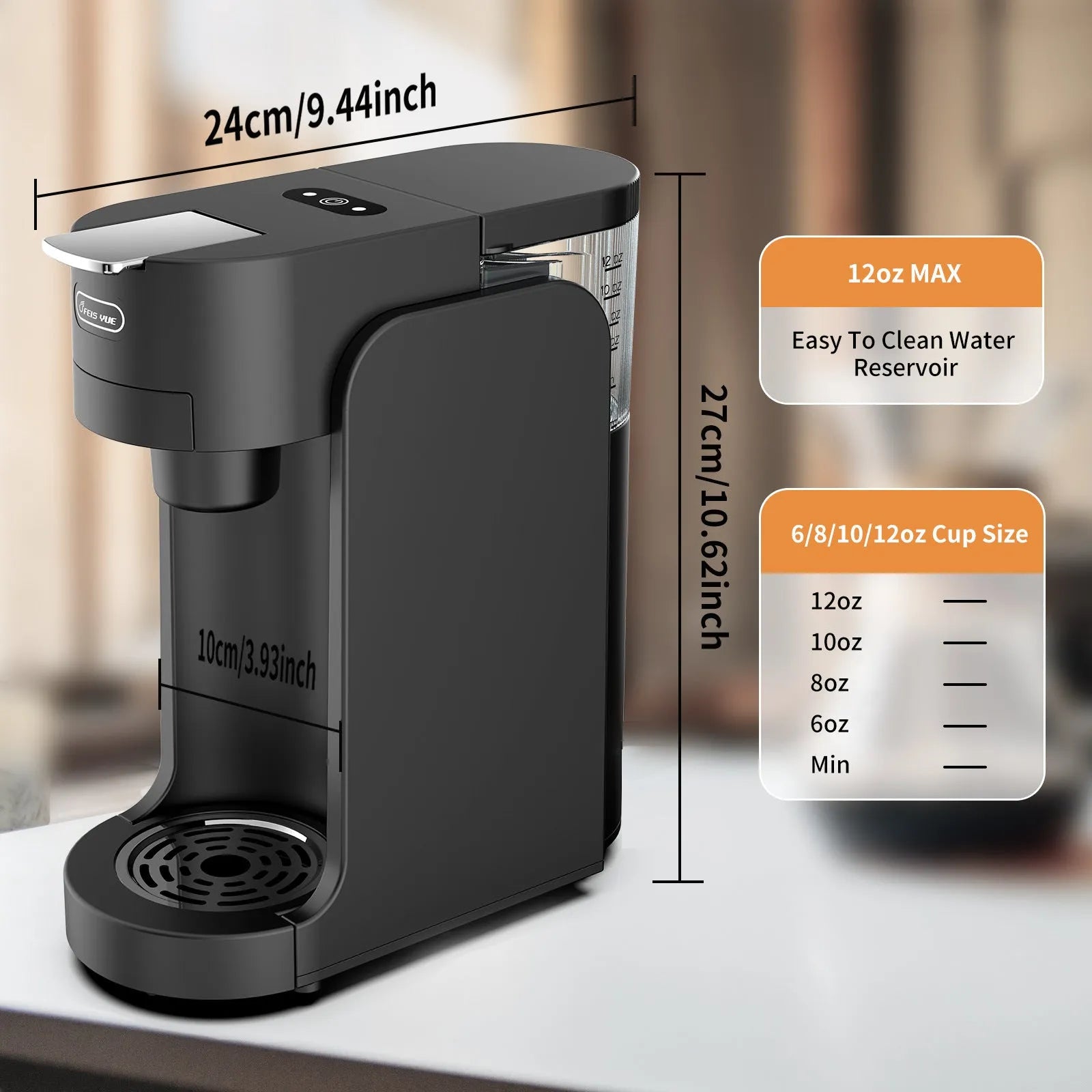 Black and white compact capsule coffee machine with adjustable stainless steel drip tray and transparent water tank.