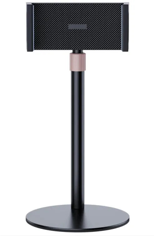 Black lifting metal tablet bracket extended to show 200mm reach supporting an 11-inch device
