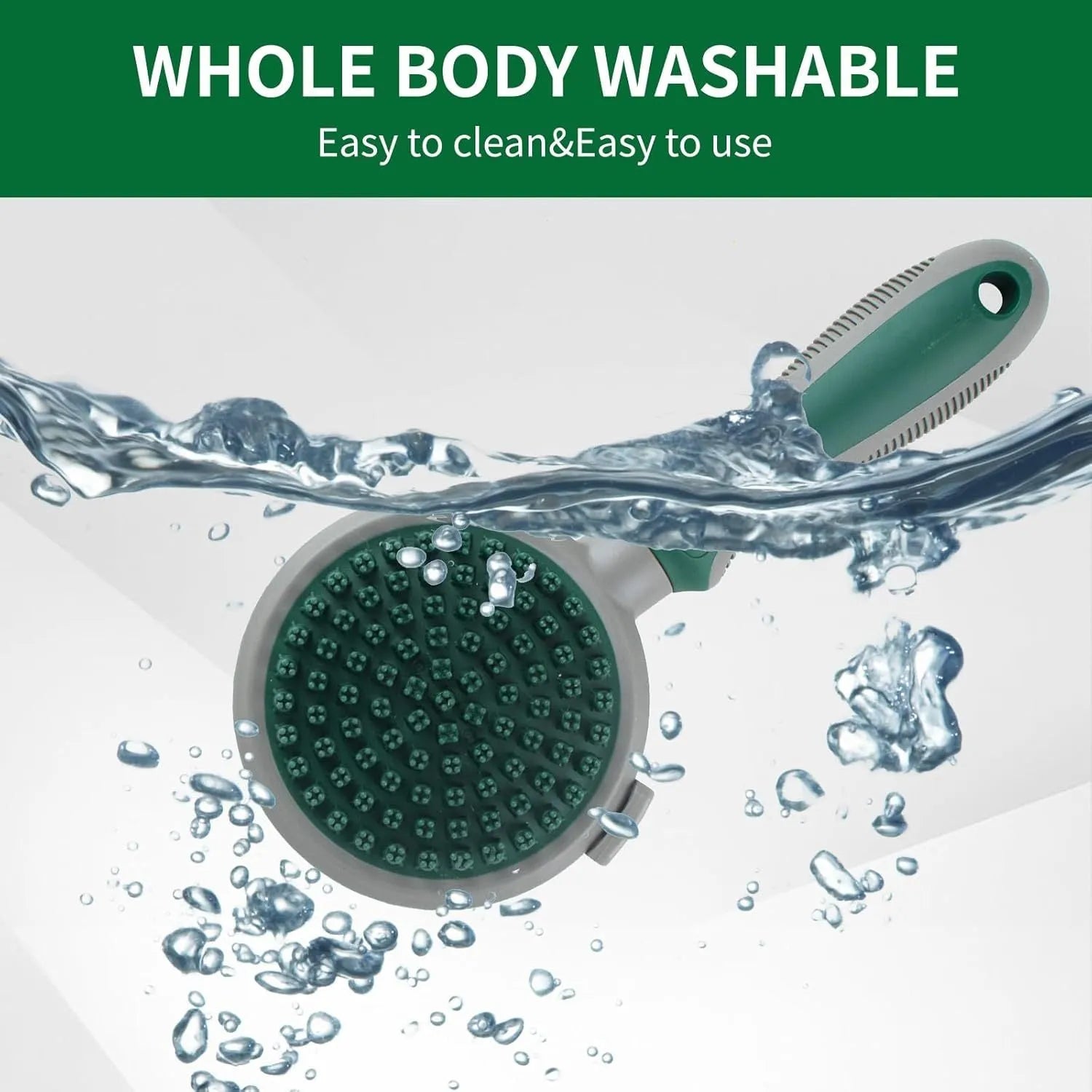 Green and pink dual-sided pet grooming brush showing slicker brush and silicone massager sides.