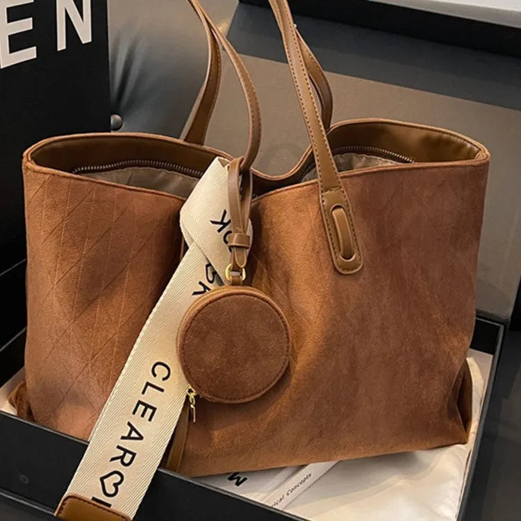 Large soft polyester shoulder tote bag in horizontal square shape with zippered interior pocket