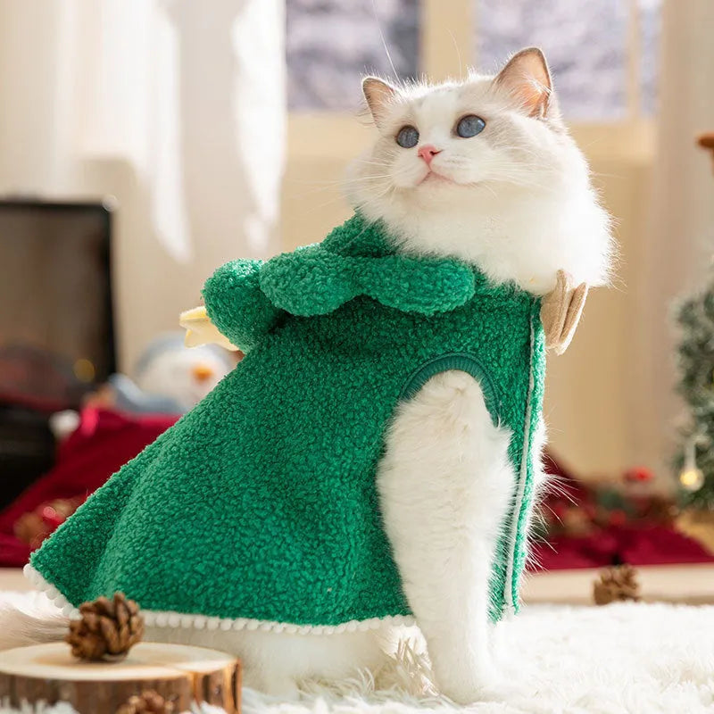 Brown cartoon elk pattern cat cloak modelled on a cat, showing the warm polyester construction.