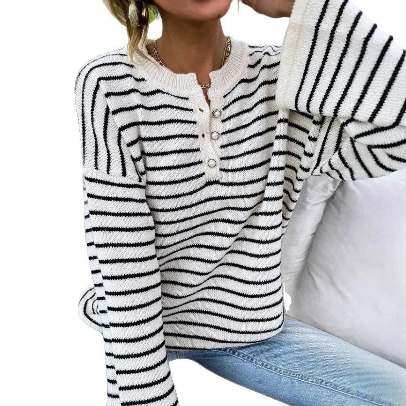 Women's black striped knitted top with contrast colour and drop-shoulder sleeves