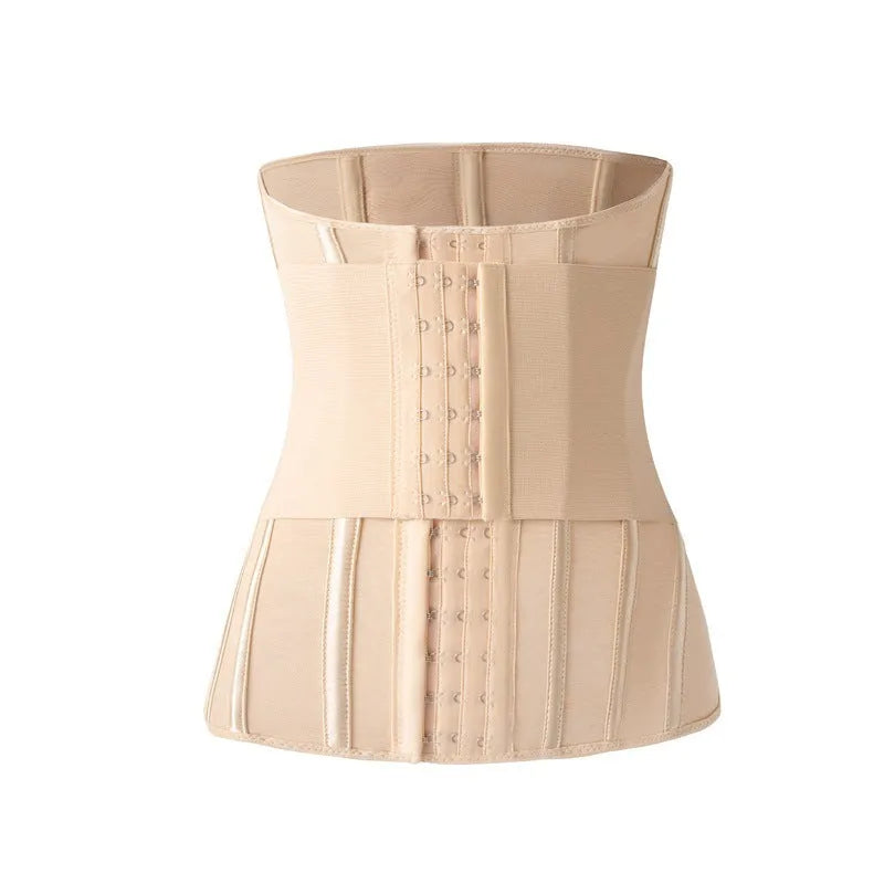 Nylon waist training belly band showing adjustable belt tie in black and apricot colour options