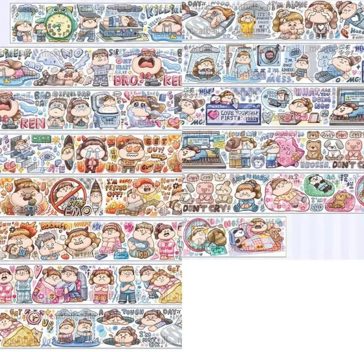 Sheet of cute cartoon character stickers for haemorrhoid tape packaging, printed on Japanese paper.