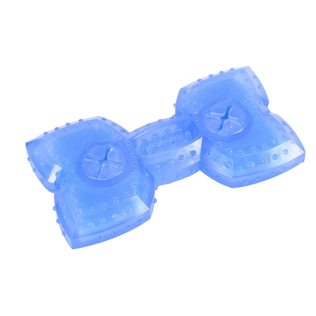 Freezable bone-shaped and circle-shaped dog cooling chew toys with treat pockets.