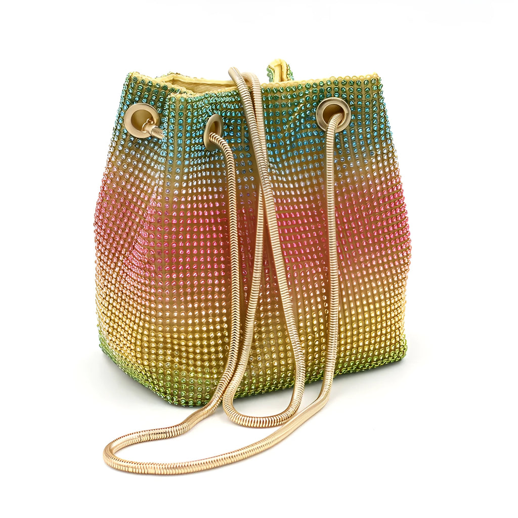 Colourful rhinestone bucket bag with glittery crystal embellishment and soft fabric construction