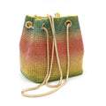 Colourful rhinestone bucket bag with glittery crystal embellishment and soft fabric construction