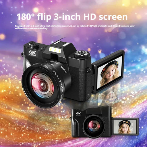 6K HD retro mirrorless camera in black with 32G card, compact design for travel photography