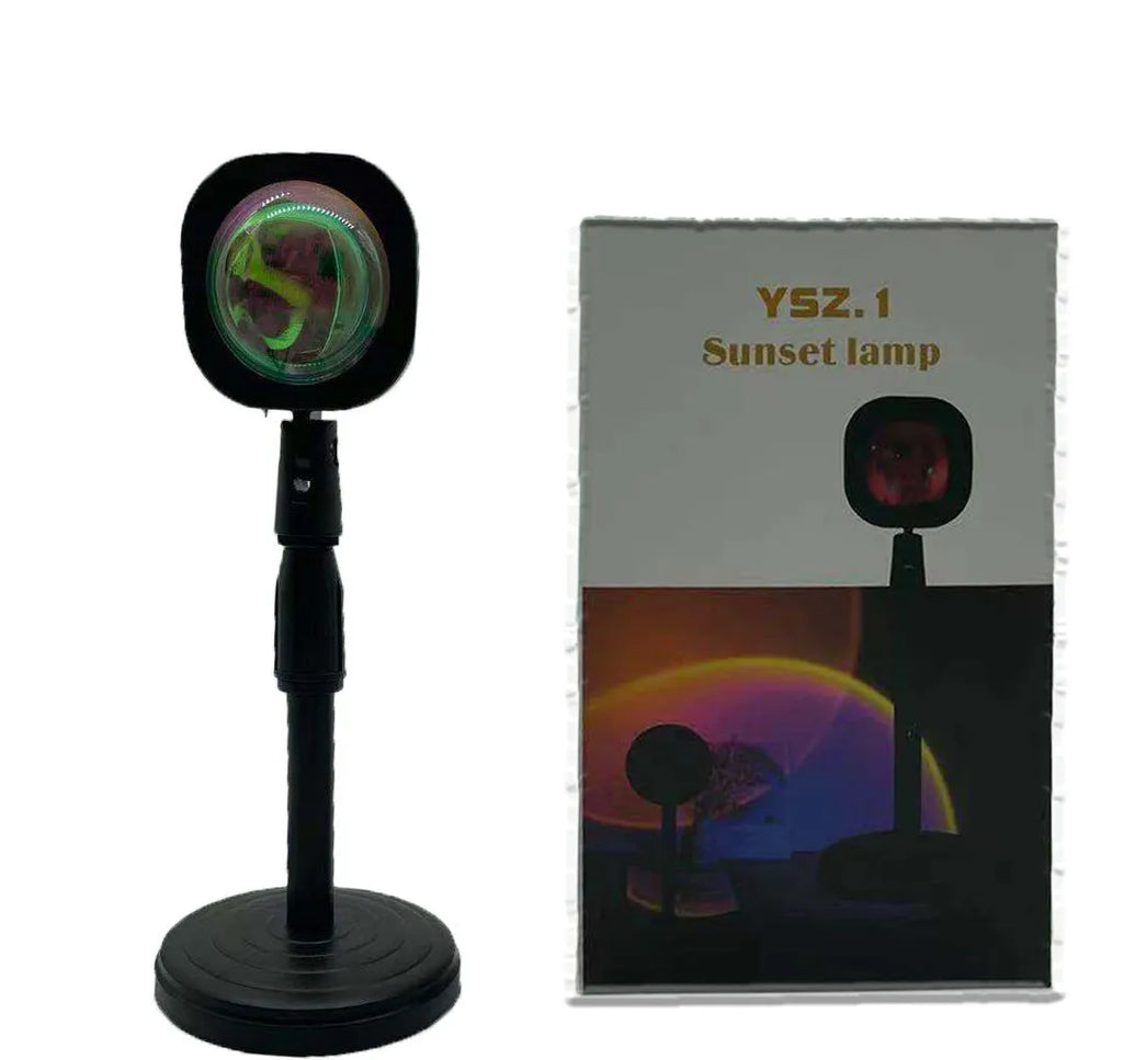 USB rechargeable rainbow sunset projection lamp with push-button control creating colourful atmospheric lighting
