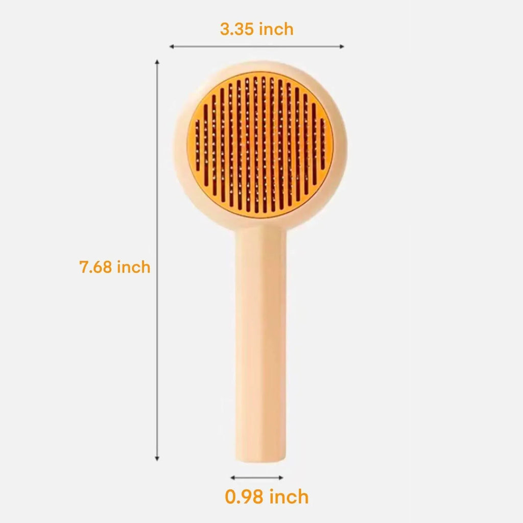 Blue pet grooming brush with self-cleaning button and angled wire needles for cats and dogs
