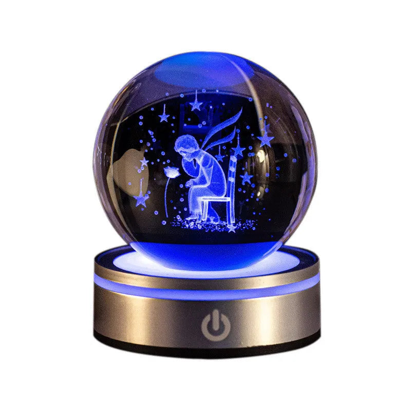 Creative 3D inner carving luminous crystal ball night lamp with colourful gradient and round touch base, 8cm, white crystal