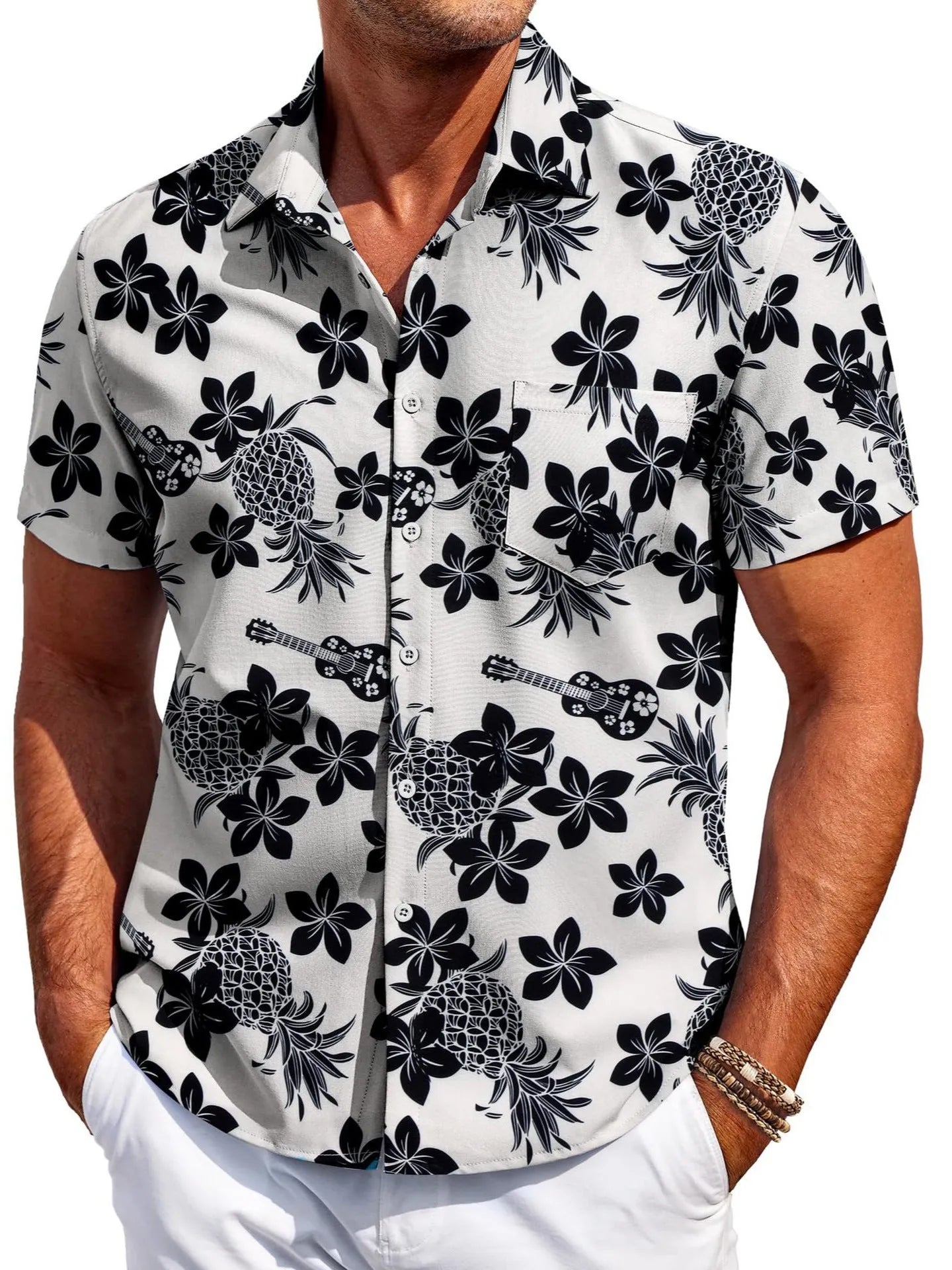 Man wearing a slim fit Hawaiian pattern short sleeve shirt in elastic polyester fabric.