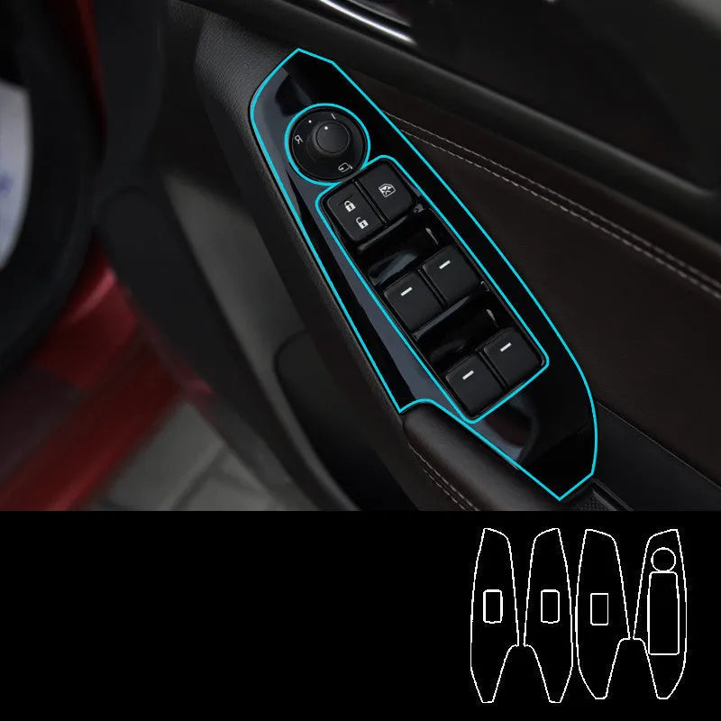 Set of four TPU transparent protective films for car door control panels on a 2014-2019 vehicle.