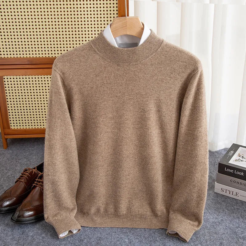 Man wearing a loose-fit half-collar wool sweater in a camel colour, suitable for winter casual wear.