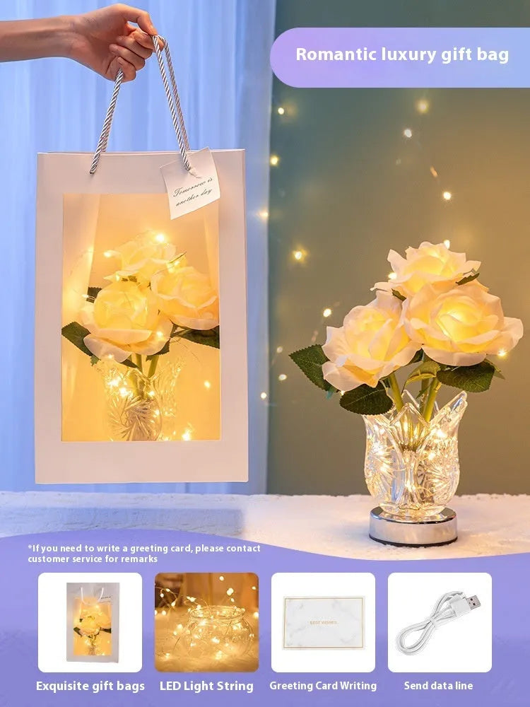 Crystal flowers table lamp with touch dimming controls and USB charging port
