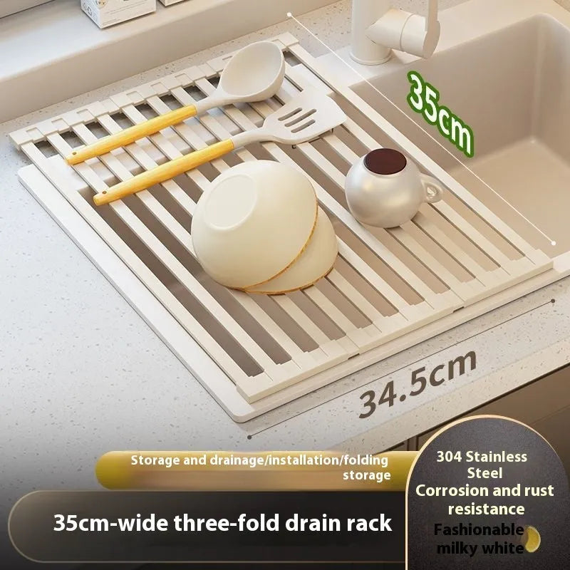 Foldable milky white stainless steel kitchen draining rack showing tri-fold design
