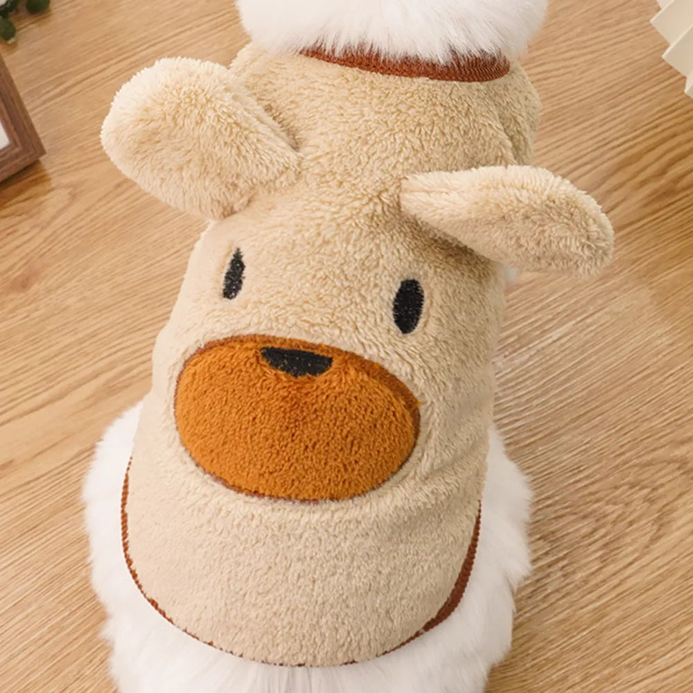 Fleece-lined cream polyester dog coat with bear ears on a small pet, available in sizes XXS to XL for 1-12kg dogs