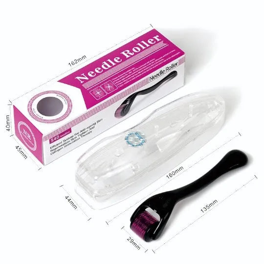 Black and purple derma rollers with titanium microneedles for face, beard, hair and scalp care
