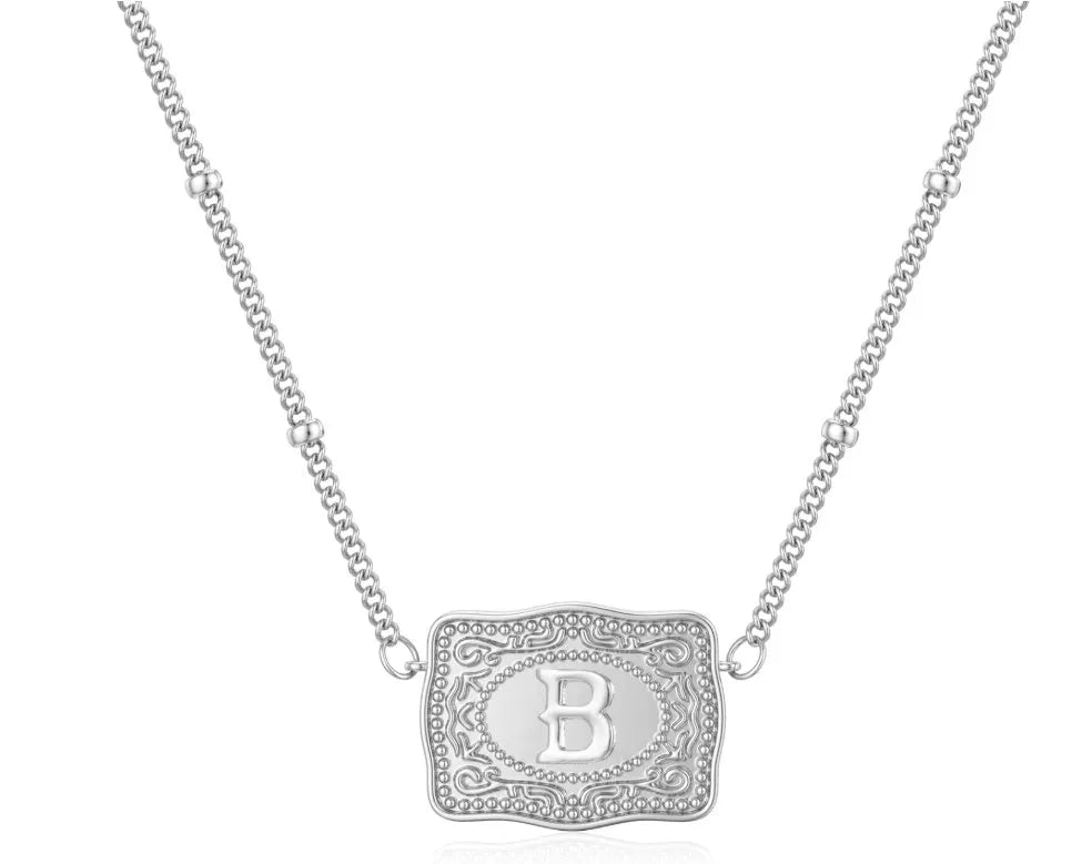 Alphabet pendant necklace showing gold and white electroplated copper options with European letter designs
