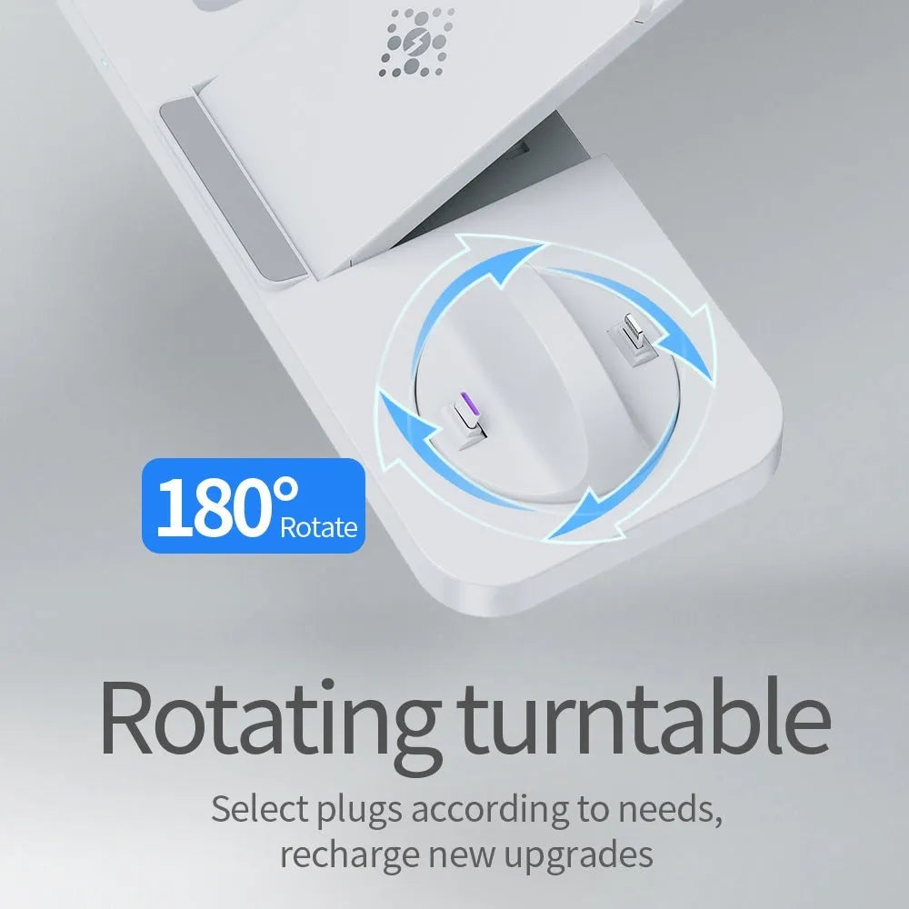 Wireless charging station for phone, watch and headset with rotating mount in black colour