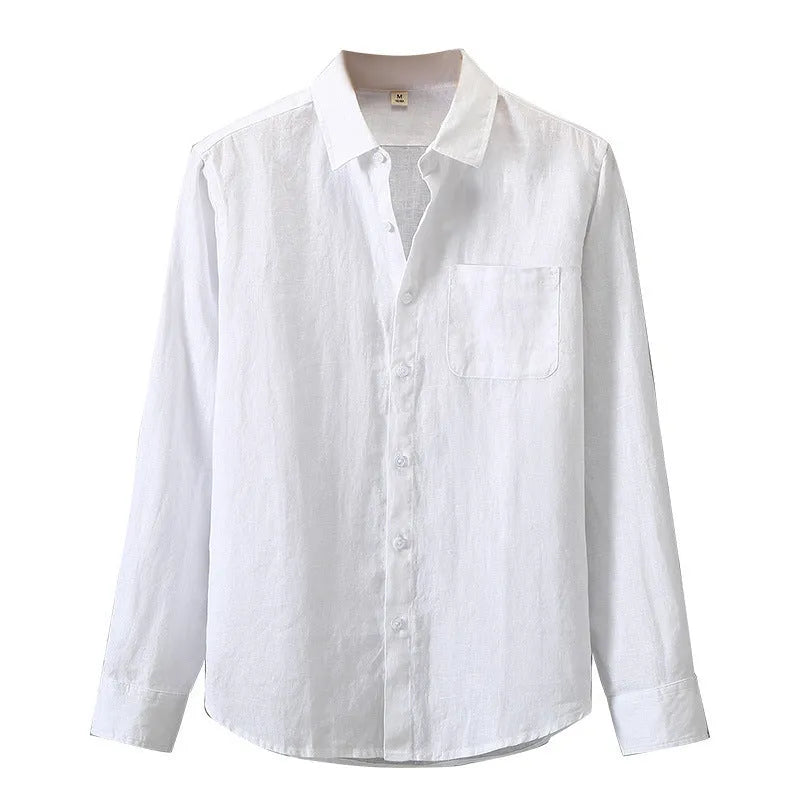 Linen long sleeve loose fit shirt in Chinese cardigan style showing solid colour options