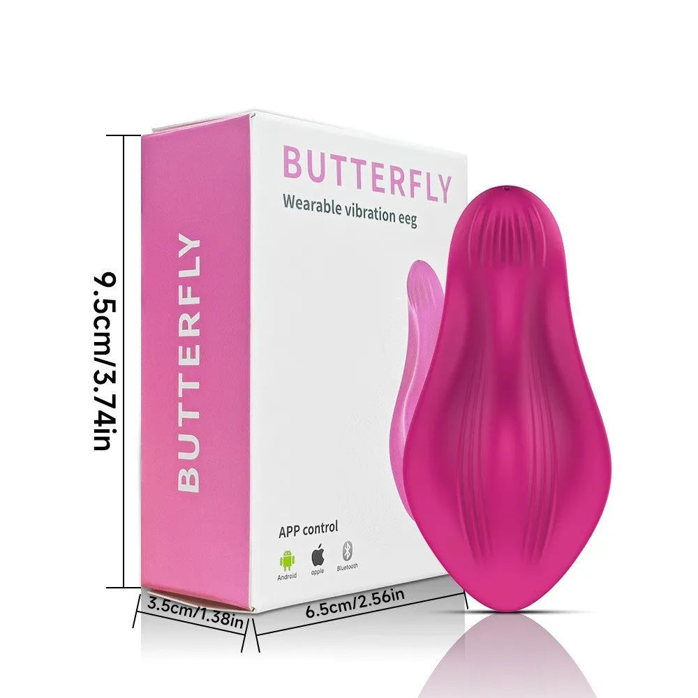 Rose red wearable female massager with cute butterfly design, USB charging port