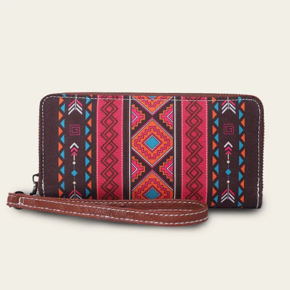 Bohemian stripe pattern RFID blocking canvas wallet in beige, black and red, blue and khaki colours