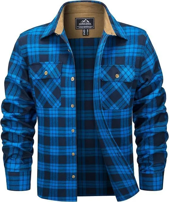 Men's flannel button shirt showing plaid pattern in multiple colour options with button-front design