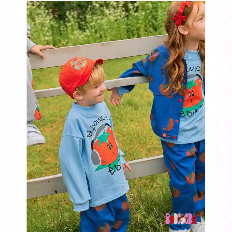 Children's casual loose cotton cartoon print long sleeve pullover top in Korean style, available in multiple sizes from 90cm to 150cm