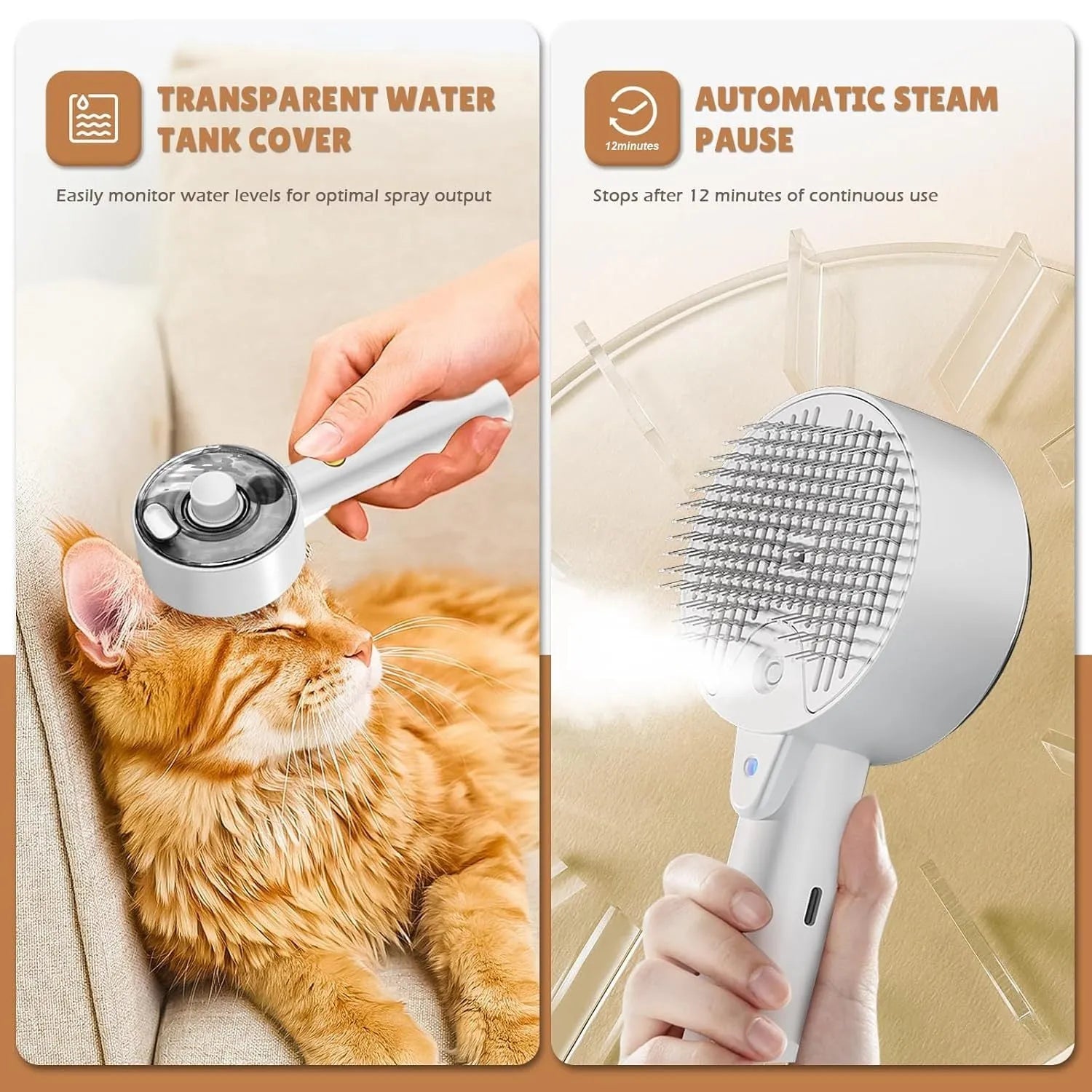 Pink and white cat steam brush with transparent water tank and rounded comb head