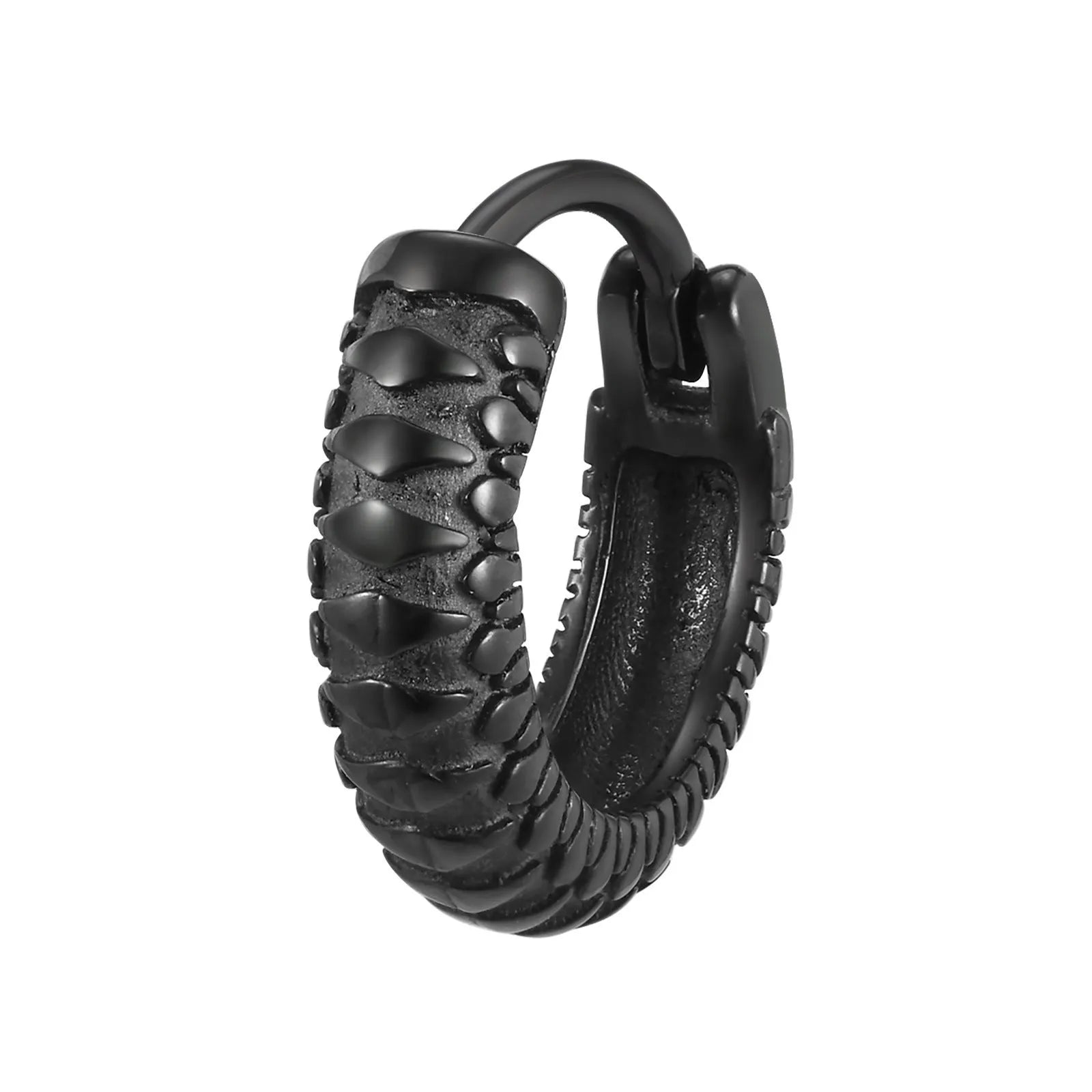 Stainless steel snake pattern hip hop ear ring in black finish showing textured surface