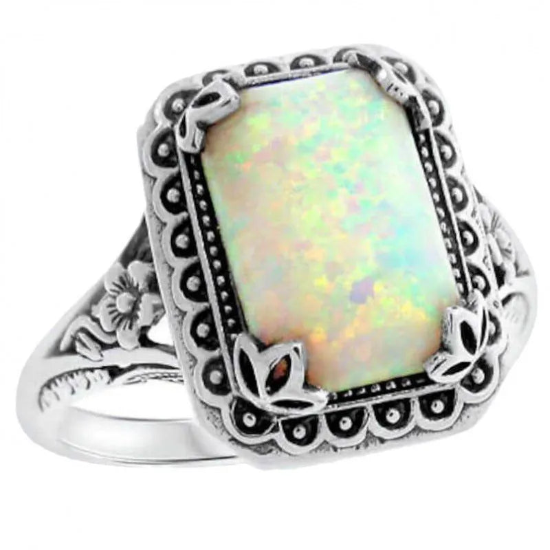 Silver geometric alloy ring with inlaid opal stone, available in multiple sizes