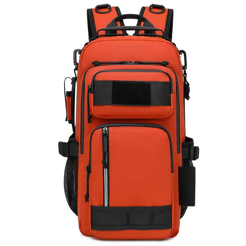 Large orange and black outdoor backpack with 20-35 litre capacity for hiking and camping