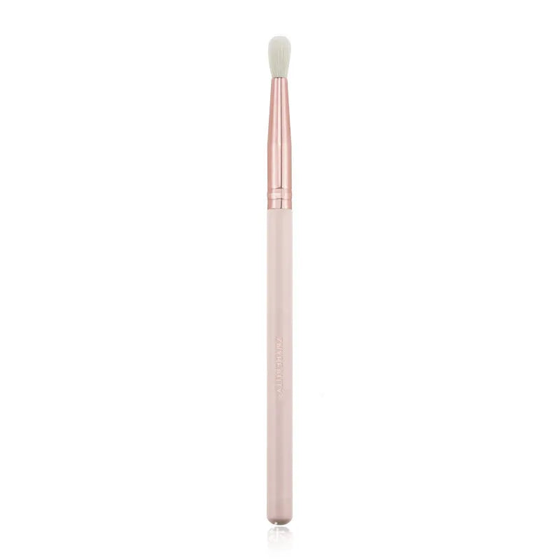 26 pink wooden-handle makeup brushes arranged in a grey PU zip case.