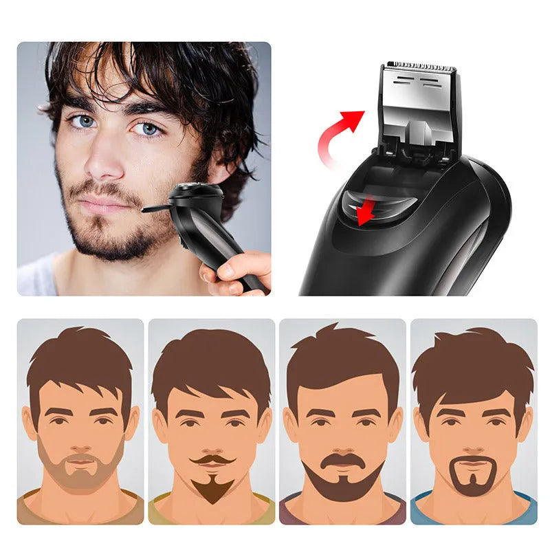 Men's electric shaver kit with three rotating cutter heads, USB charging cable, and pop-up sideburn trimmer