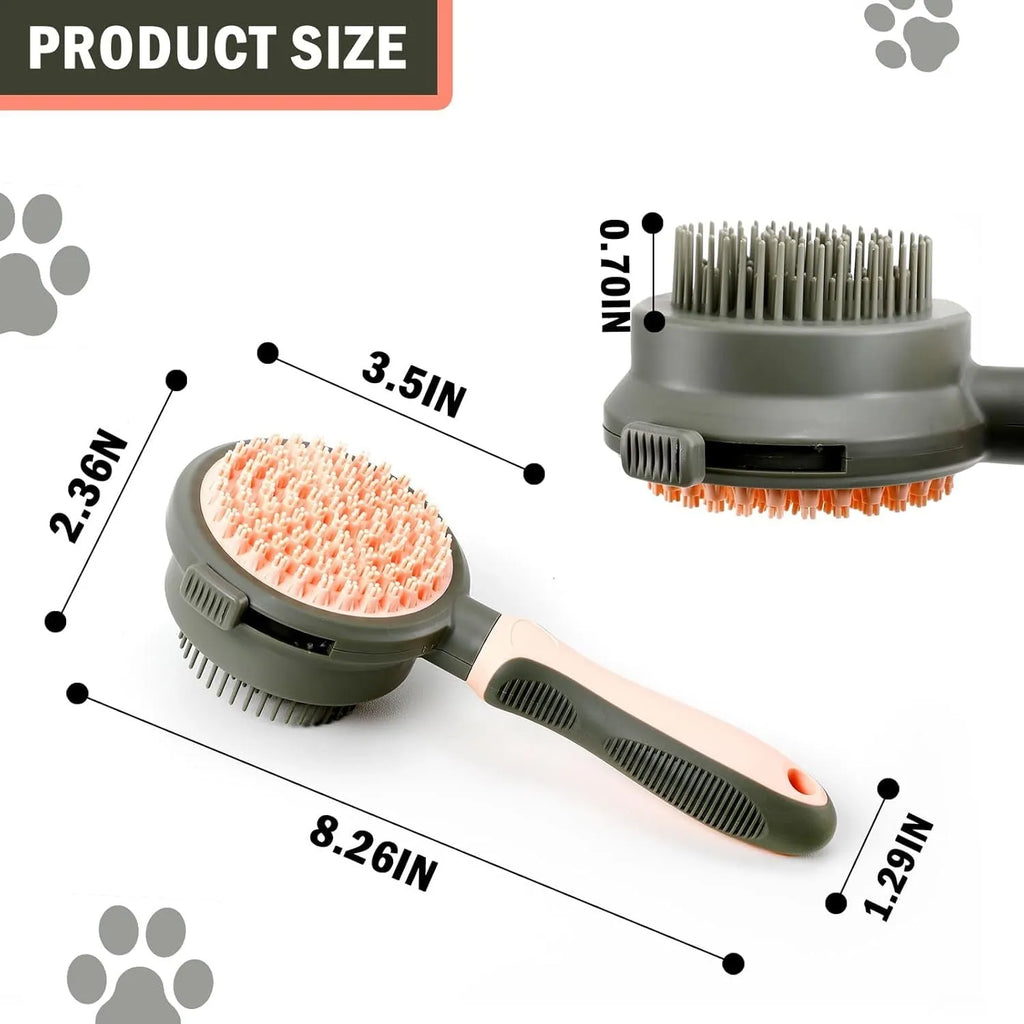 Double-sided cat brush with release button and included flea comb for pet grooming