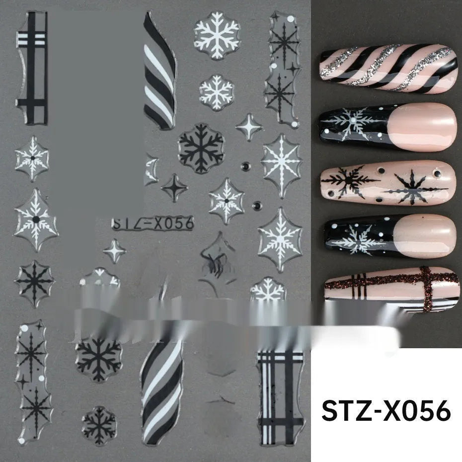 Pack of black and silver strip nail art stickers with cartoon and love pattern designs.