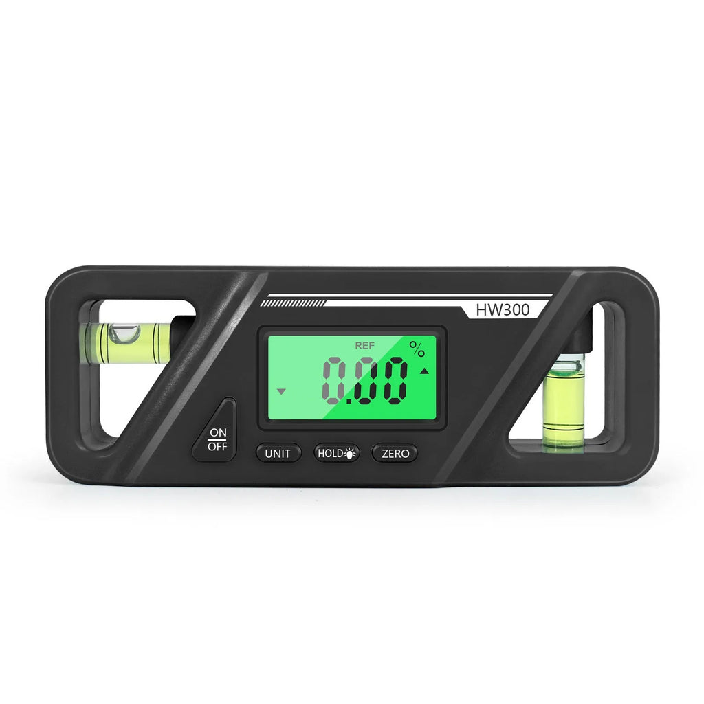 Black digital inclinometer level meter with LCD display and magnetic base, showing angle measurement.