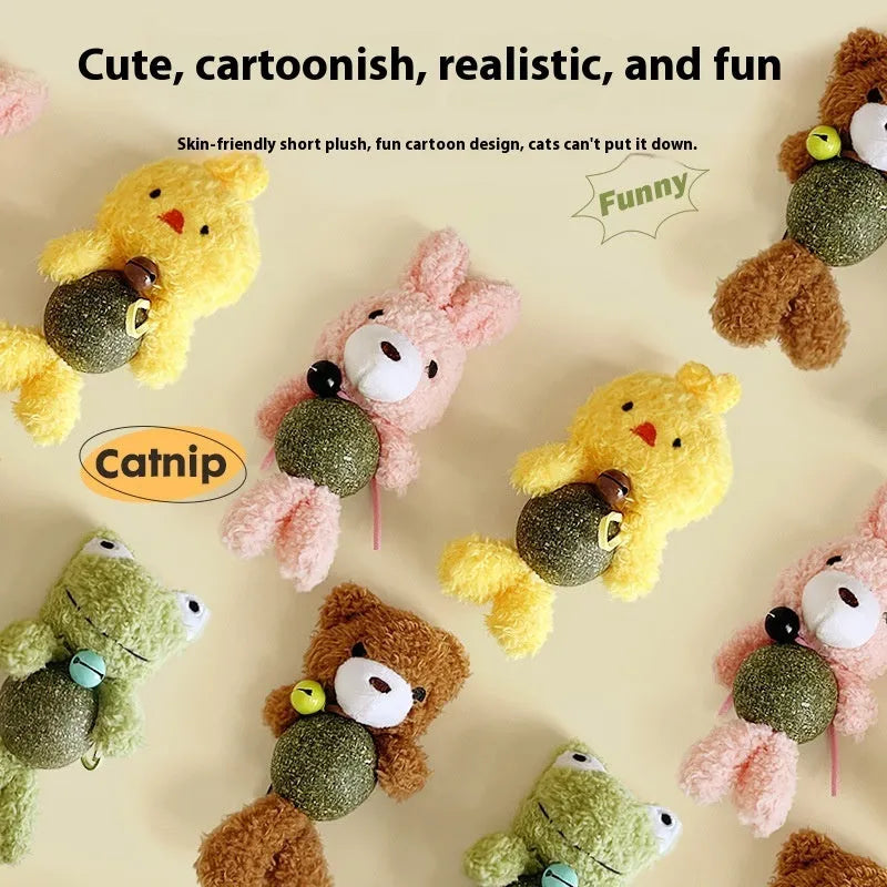 Small plush catnip toy shaped like an animal, featuring a bell, for cats to bite and play with.