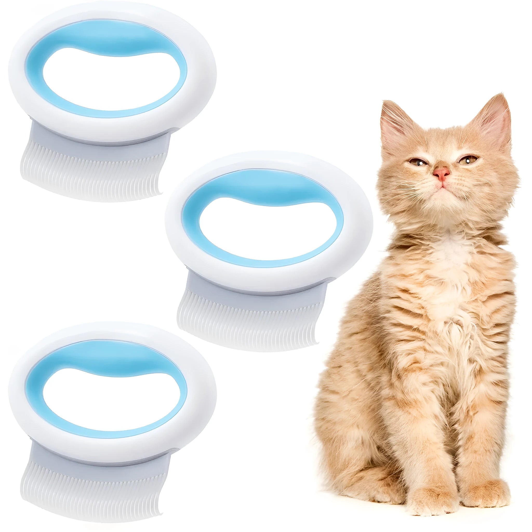 Blue plastic pet grooming comb for deshedding and dematting cat and dog hair on a white background.