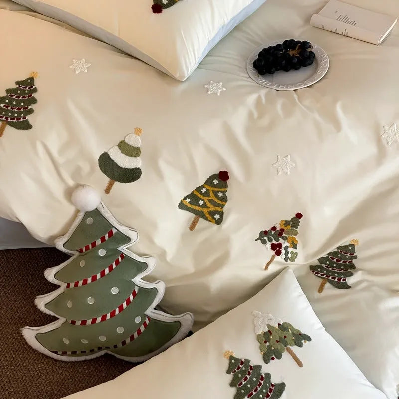 Pure cotton bedding set with embroidered Christmas tree design in plants pattern