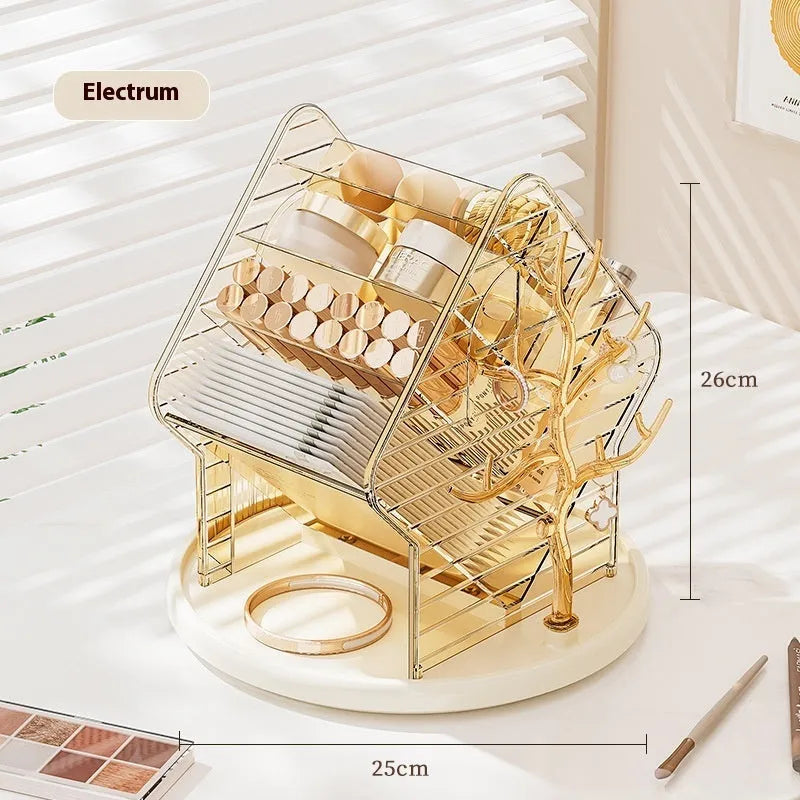 Clear and amber gold rotating plastic cosmetics storage box on a vanity