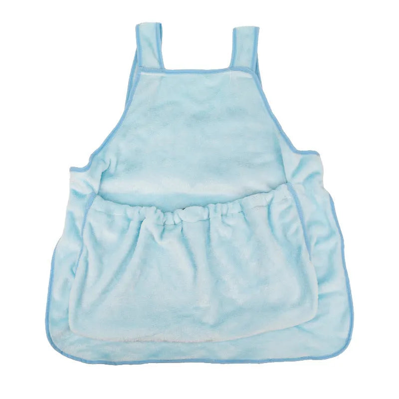 Plush pet carrier apron for small cats and dogs showing adjustable neck strap and pet opening