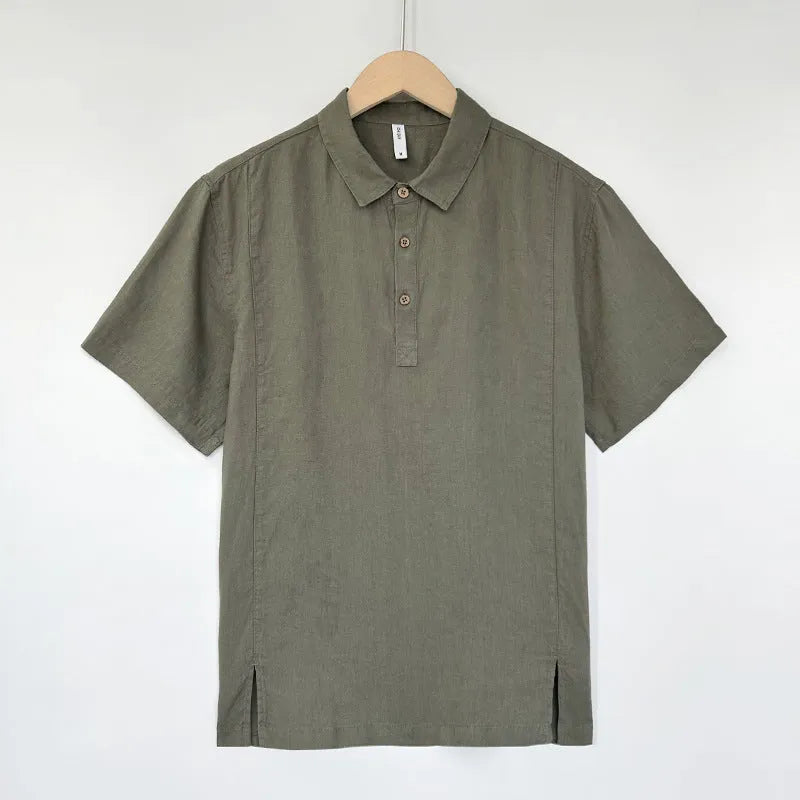 Men's light linen short sleeve top with thin lapels in a loose fit, shown in gray green.