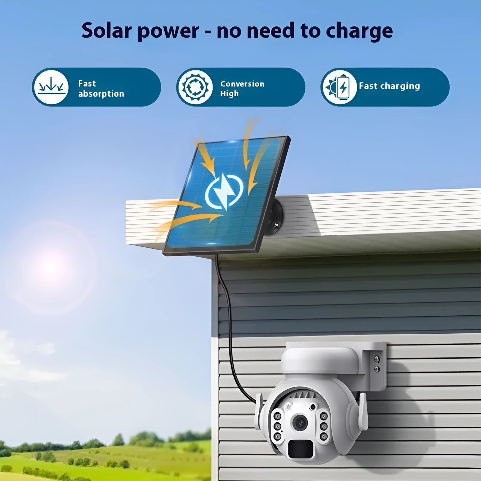 Solar security camera with 3 million pixel HD resolution for outdoor home monitoring